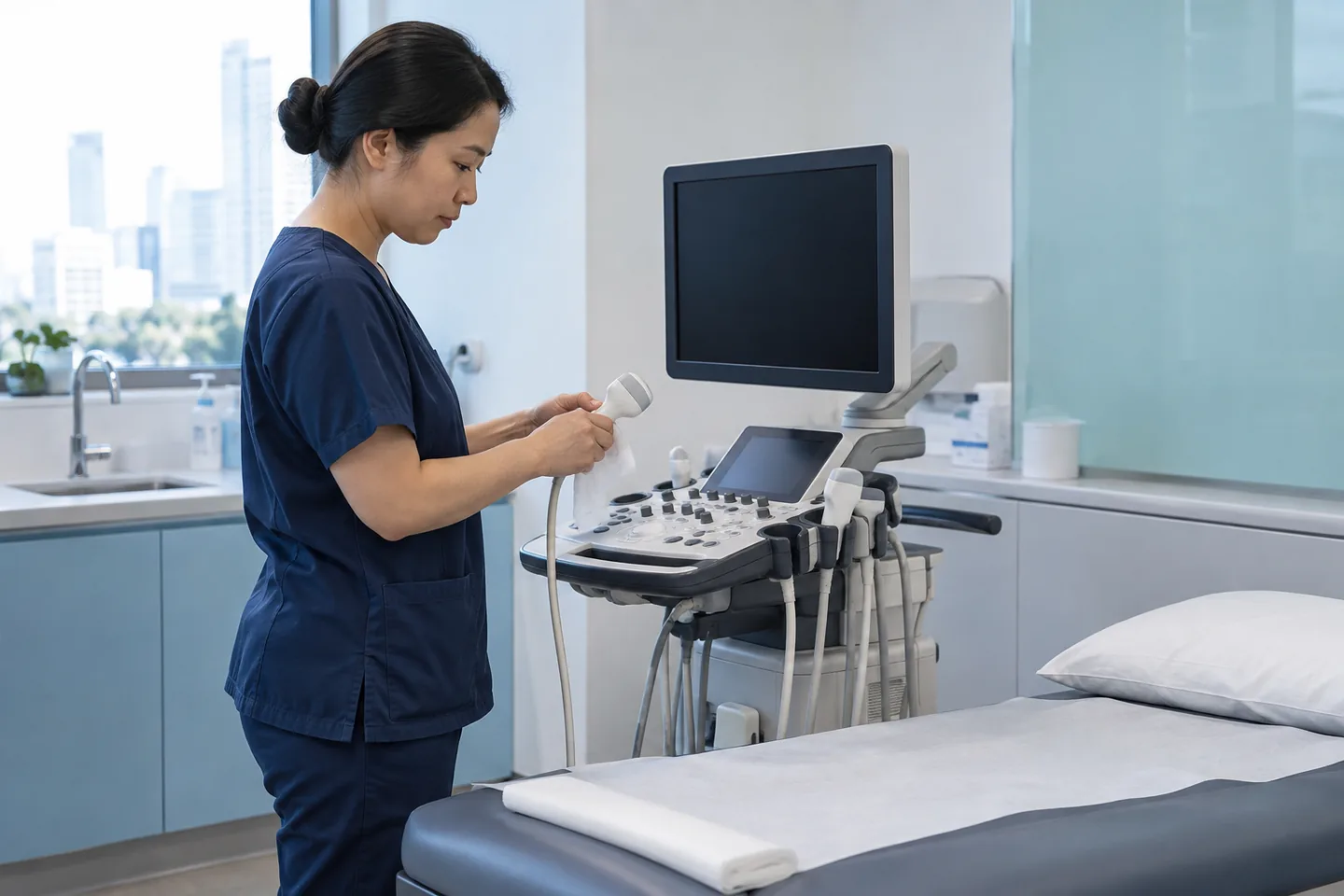 AI-generated illustration of a technician preparing an ultrasound examination room.