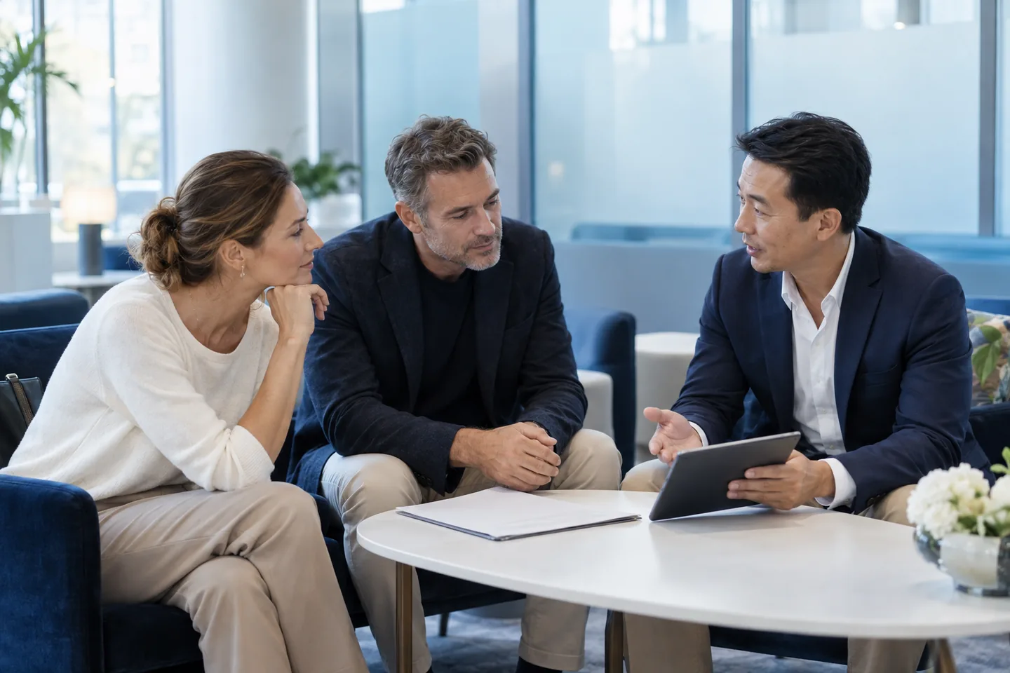 AI-generated illustration of a coordinator discussing arrangements with two business travellers.