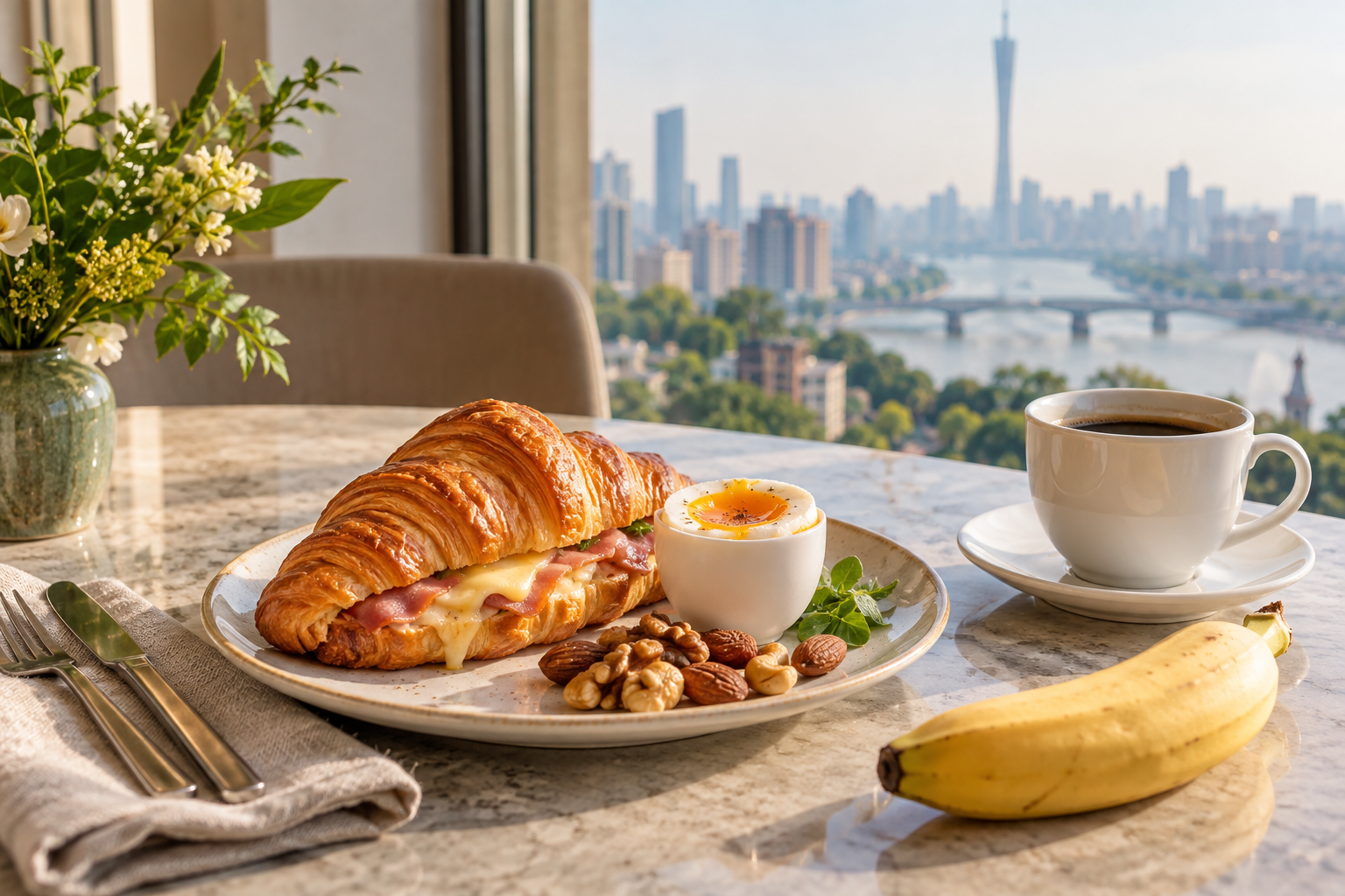 Western breakfast with a ham and cheese croissant, egg, nuts, banana and black coffee